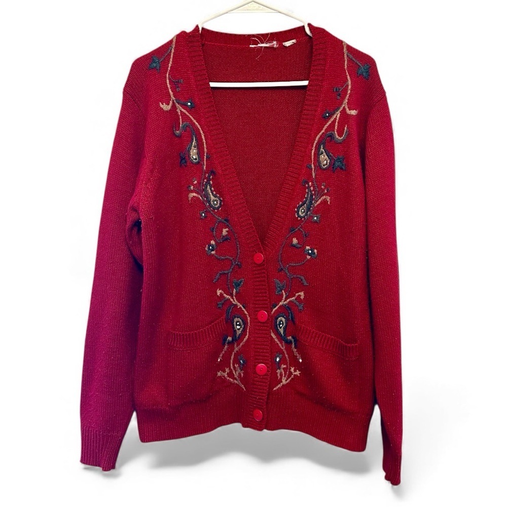 Vintage 80βs/90βs Red Embroidered Wool Blend Cardigan EST. Size Large
